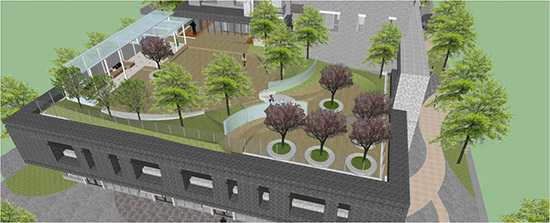 2F露臺(tái)3D圖，地坪採(cǎi)用自然陶磚，珍貴婆羅洲鐵木感受臺(tái)中地貌微型縮影的公園設(shè)計(jì)紋理。