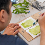 將化學(xué)藥劑塗抹於水彩紙上，藍(lán)曬創(chuàng)作的序幕悄然展開。