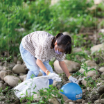 在卵礫石堆中藍色醒目的「皮球」，吸引了小朋友前去查看並拾起，一點一滴還給河川乾淨的面貌。