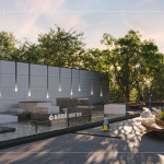 保留5F高的老樟樹、增植樹木，搭配曲線造型的街道家具，清水模牆面與錯(cuò)落石景，呼應(yīng)著苗栗的山水景觀。(圖為 新業(yè)恆一 水瀑?gòu)V場(chǎng)3D示意圖)